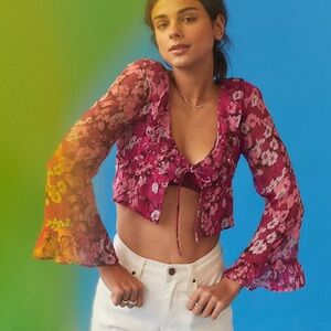 Urban Outfitters Pink Floral Tie-Front Blouse